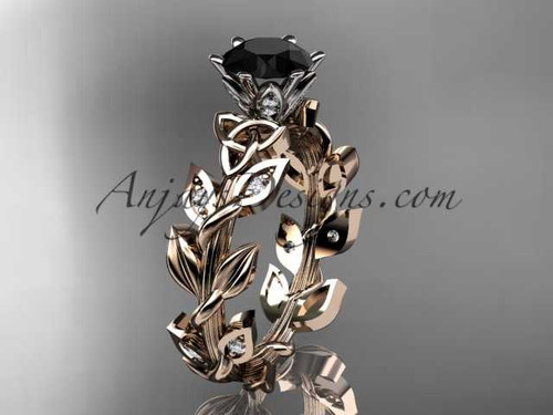 14kt rose gold diamond celtic trinity knot wedding ring, bridal ring with a Black Diamond center stone CT7124
