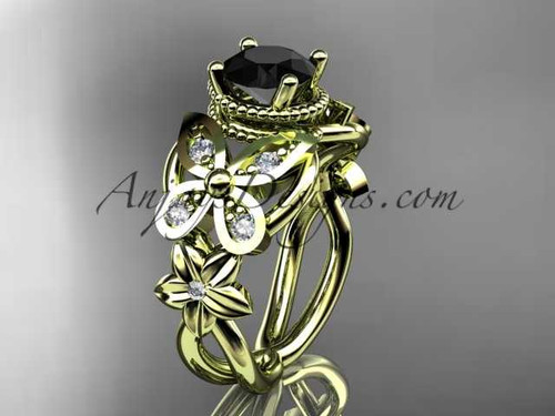 14kt yellow gold diamond floral, butterfly wedding ring, engagement ring with a Black Diamond center stone ADLR136
