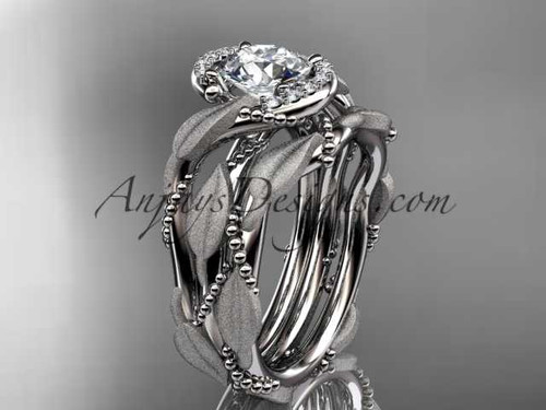 Nature Inspired Platinum Wedding Ring Set, Diamond Leaf and Vine Engagement Ring Set ADLR65S