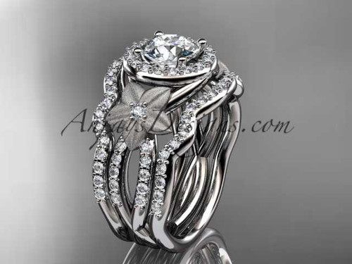 Double Band Wedding Ring Set, 14kt White Gold Diamond Flower Moissanite Engagement Ring ADLR127S