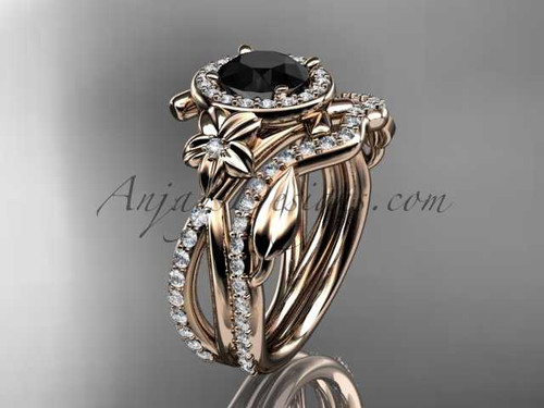 14kt rose gold diamond leaf and vine, flower engagement set, wedding set, with a Black Diamond center stone ADLR89S