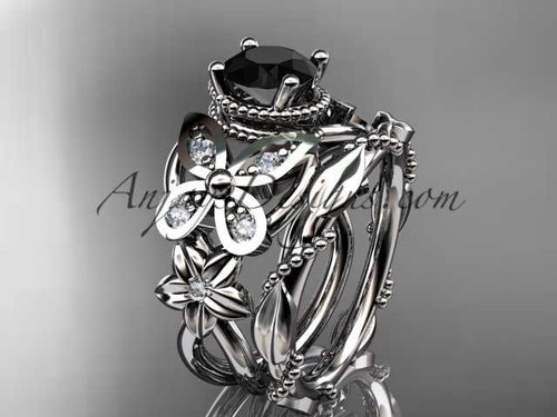 platinum diamond floral, butterfly wedding ring, engagement set with a Black Diamond center stone ADLR136S