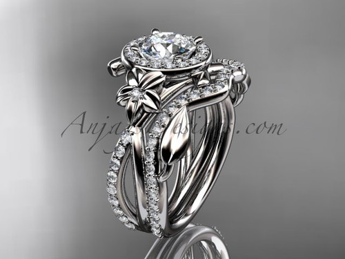 Platinum diamond leaf and vine, flower engagement set, wedding set, ADLR89S