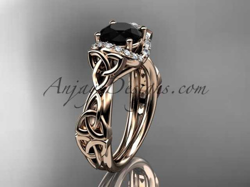 14kt rose gold diamond celtic trinity knot wedding ring, engagement ring with a Black Diamond center stone CT7289