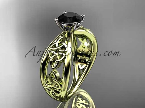 14kt yellow gold celtic trinity knot wedding ring, engagement ring with a Black Diamond center stone CT7171
