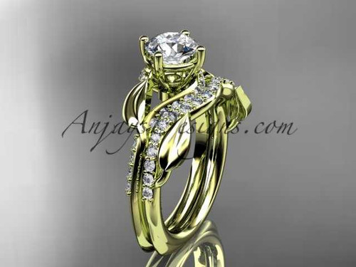 Unique 14k yellow gold diamond leaf wedding ring, engagement set ADLR225S