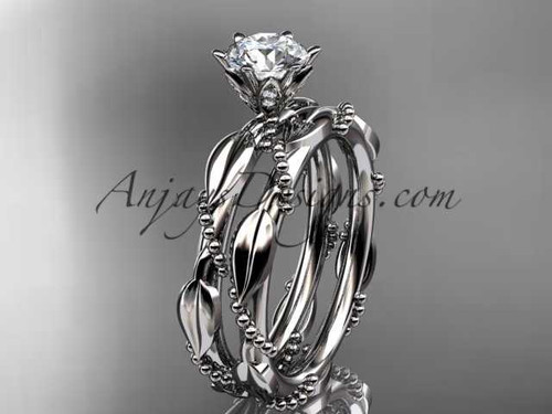 14k white gold diamond vine and leaf wedding ring, engagement set ADLR178S