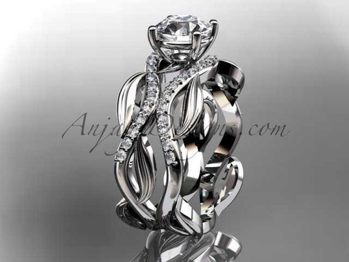 14kt white gold diamond leaf and vine wedding set, engagement set with a "Forever One" Moissanite center stone ADLR264S