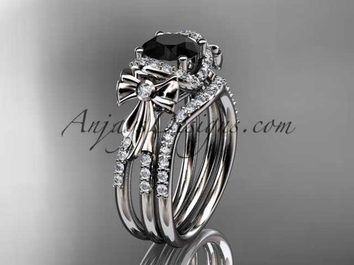 14kt white gold diamond unique engagement set, wedding ring, bow ring with a Black Diamond center stone ADER155S