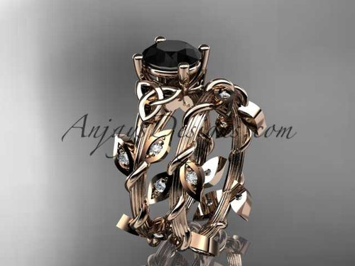 Modern Celtic Wedding Ring Set with Leaves, 14kt Rose Gold Black Diamond Bridal Ring CT7215S