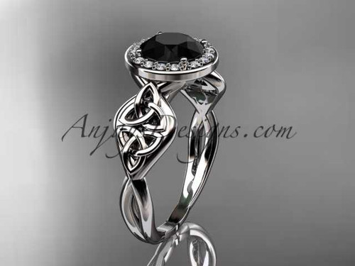 14kt white gold diamond celtic trinity knot wedding ring, engagement ring with a Black Diamond center stone CT7219