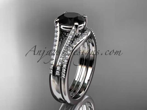 14kt white gold diamond unique engagement set, wedding ring with a Black Diamond center stone ADER108S