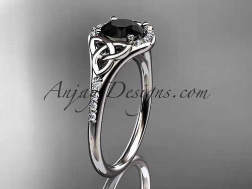 14kt white gold diamond celtic trinity knot wedding ring, engagement ring with a Black Diamond center stone CT7126
