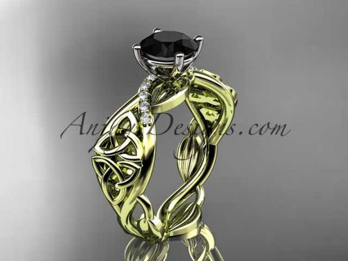 14kt yellow gold diamond celtic trinity knot wedding ring, engagement ring with a Black Diamond center stone CT7270