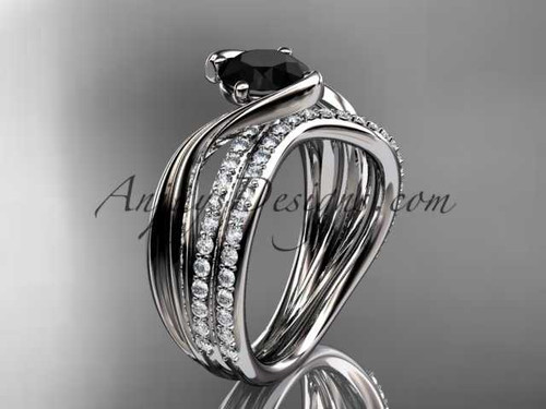 platinum diamond leaf and vine wedding ring, engagement set with a Black Diamond center stone ADLR78S