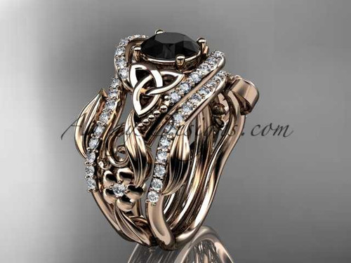 14kt rose gold diamond celtic trinity knot wedding ring, engagement ring with a Black Diamond center stone  and double matching band CT7211S
