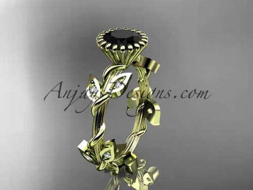 14kt yellow gold diamond leaf and vine wedding ring,engagement ring with a Black Diamond center stone ADLR20A
