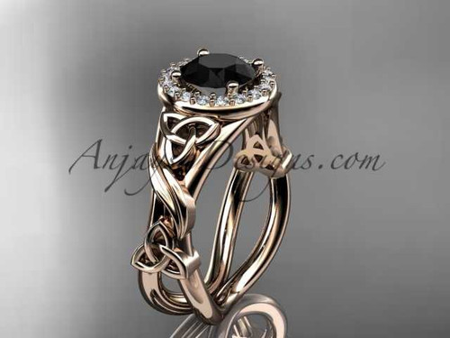 14kt rose gold diamond celtic trinity knot wedding ring, engagement ring with a Black Diamond center stone CT7302