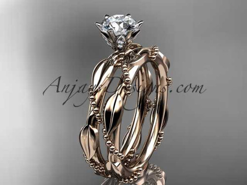 14k rose gold diamond vine and leaf wedding ring, engagement set with a "Forever One" Moissanite center stone ADLR178S