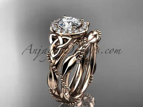 14kt rose gold diamond celtic trinity knot wedding ring, engagement set with a "Forever One" Moissanite center stone CT7328S