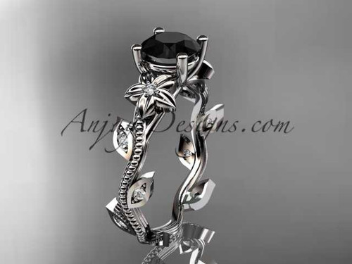 14kt white gold diamond leaf and vine wedding ring,engagement ring with a Black Diamond center stone ADLR151