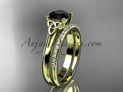 14kt yellow gold diamond celtic trinity knot wedding ring, engagement set with a Black Diamond center stone CT7154S