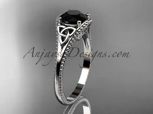 platinum celtic trinity knot wedding ring, engagement ring with a Black Diamond center stone CT7375