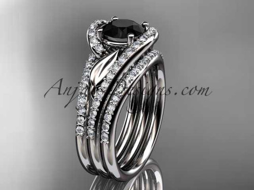 platinum diamond leaf wedding ring with a Black Diamond center stone and double matching band ADLR317S