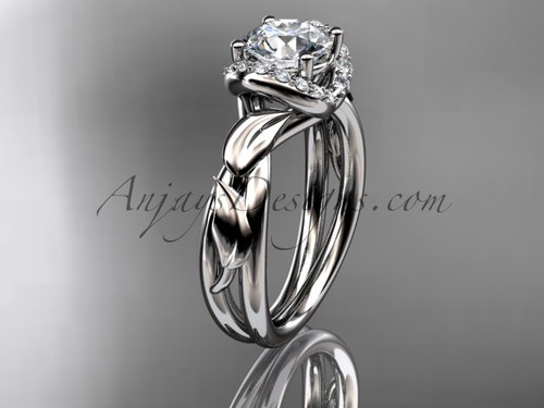 14kt white gold diamond leaf and vine wedding ring, engagement ring with a "Forever One" Moissanite center stone ADLR289