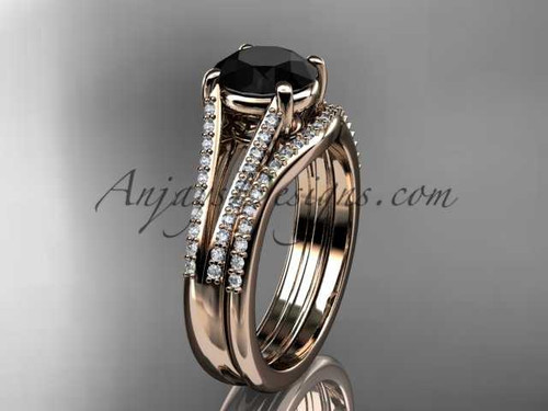 Unique Engagement Ring Set, 14kt Rose Gold Black Diamond Bridal Ring ADER108S