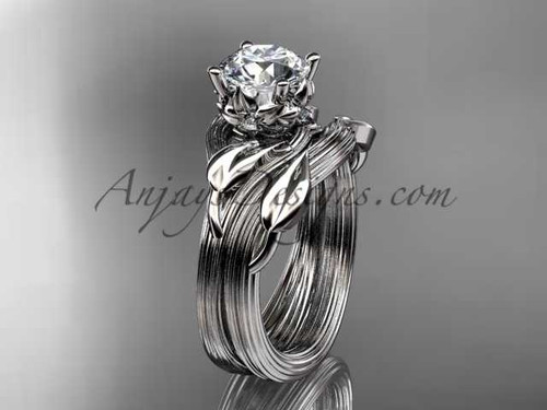 14kt white gold diamond flower, leaf and vine wedding ring, engagement set with a "Forever One" Moissanite center stone ADLR240S