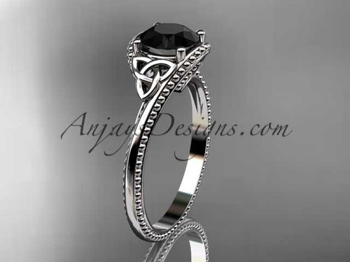 14kt white gold celtic trinity knot wedding ring, engagement ring with a Black Diamond center stone CT7322