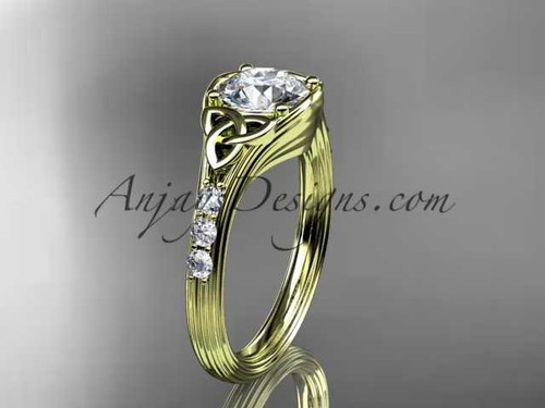 14kt yellow gold diamond celtic trinity knot wedding ring, engagement ring with a "Forever One" Moissanite center stone CT7333