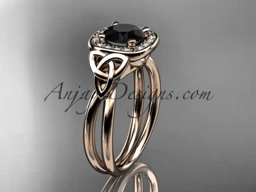 14kt rose gold diamond celtic trinity knot wedding ring, engagement ring with a Black Diamond center stone CT7330