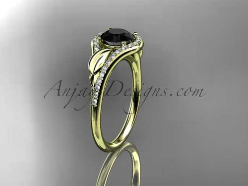 14kt yellow gold diamond leaf wedding ring, engagement ring with a Black Diamond center stone ADLR334