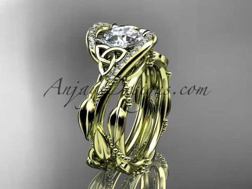 14kt yellow gold celtic trinity knot engagement set, wedding ring with "Forever One" Moissanite center stone CT764S