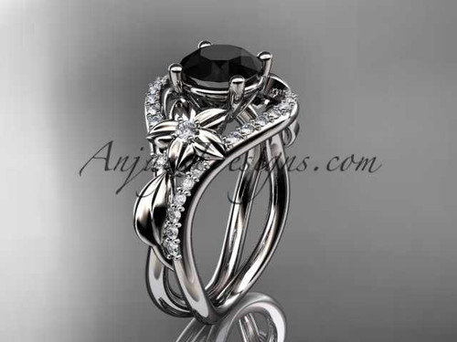 Unique 14kt white gold diamond leaf and vine wedding ring, engagement ring with a Black Diamond center stone ADLR244