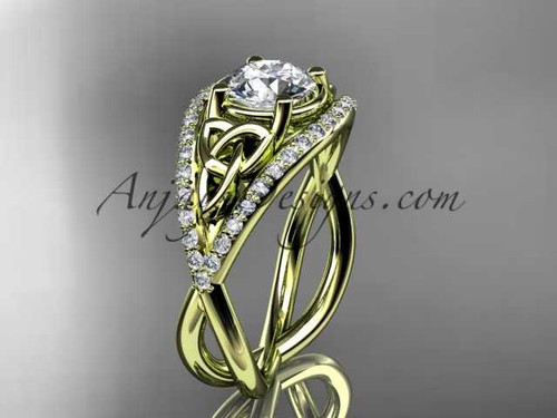 14kt yellow gold celtic trinity knot engagement ring ,diamond wedding ring with "Forever One" Moissanite center stone CT788