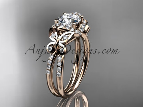14kt rose gold diamond butterfly wedding ring, engagement ring with a "Forever One" Moissanite center stone ADLR141