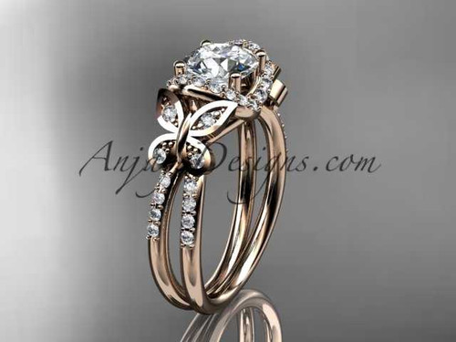 14kt rose gold diamond butterfly wedding ring, engagement ring with a "Forever One" Moissanite center stone ADLR141