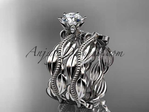 platinum leaf and vine engagement ring, wedding set with a "Forever One" Moissanite center stone ADLR258S