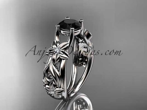 platinum diamond floral wedding ring, engagement ring with a Black Diamond center stone ADLR216