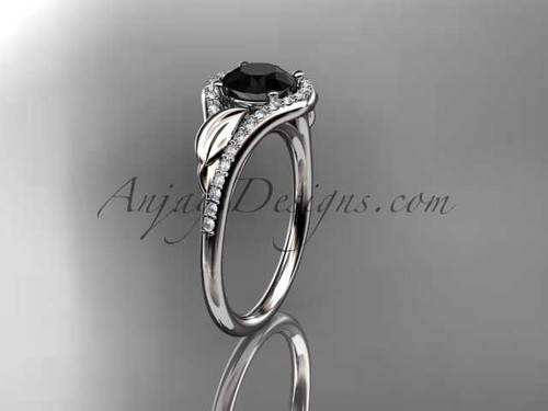 Platinum diamond leaf wedding ring, engagement ring with a Black Diamond center stone ADLR334
