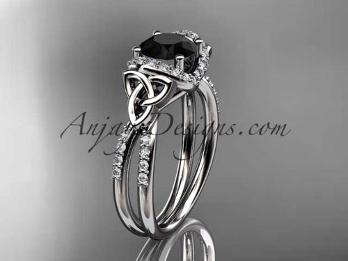 platinum diamond celtic trinity knot wedding ring, engagement ring with a Black Diamond center stone CT7155