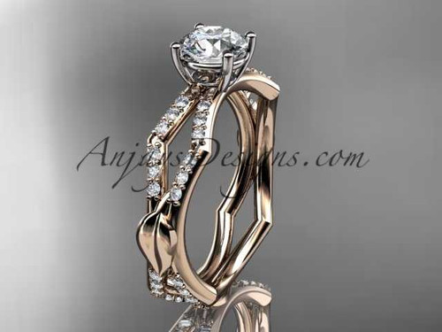 14k rose gold diamond leaf and vine wedding ring,engagement ring with a "Forever One" Moissanite center stone ADLR353