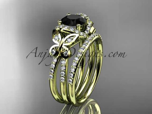 14kt yellow gold diamond butterfly wedding ring, engagement set with a Black Diamond center stone ADLR141S