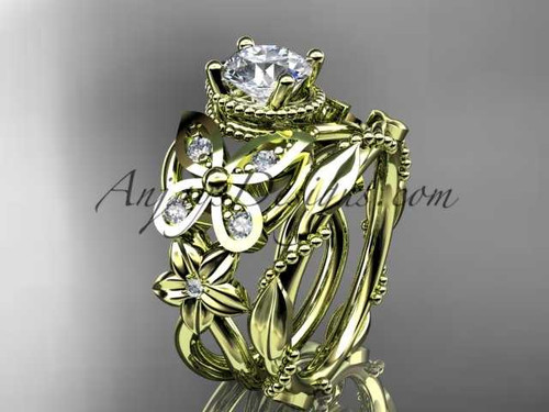 14kt yellow gold diamond floral, butterfly wedding ring, engagement set with a "Forever One" Moissanite center stone ADLR136S
