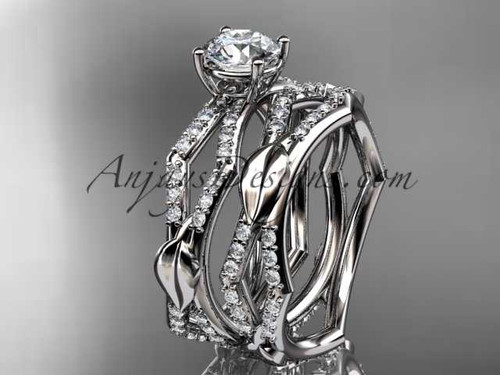platinum diamond leaf and vine wedding ring, engagement set with a "Forever One" Moissanite center stone ADLR353S