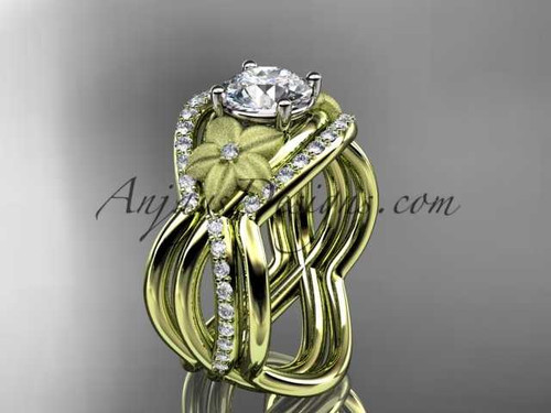 Diamond Engagement ring with "Forever One" Moissanite center stone and double matching band, 14K Yellow Gold Luxury Wedding set ADLR90S