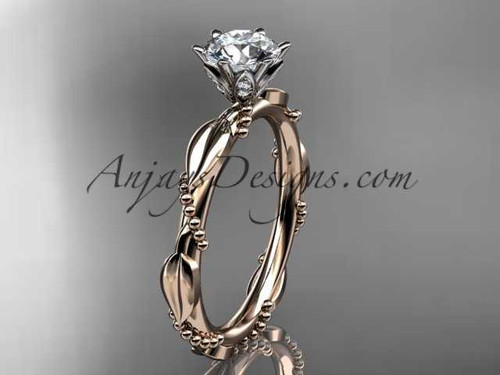 14k rose gold diamond vine and leaf wedding ring with a "Forever One" Moissanite center stone ADLR178